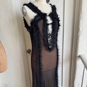 NWT - CULTURA Black Sheer Mesh Long Dress With Distressed Lace Trim Size Small